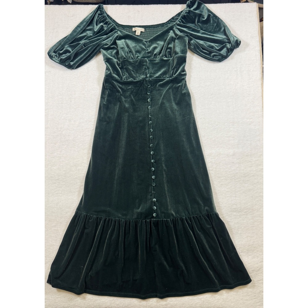 Chelsea & Violet Green Velvet Puff Sleeve Button Front Midi Dress Womens Size‎ M